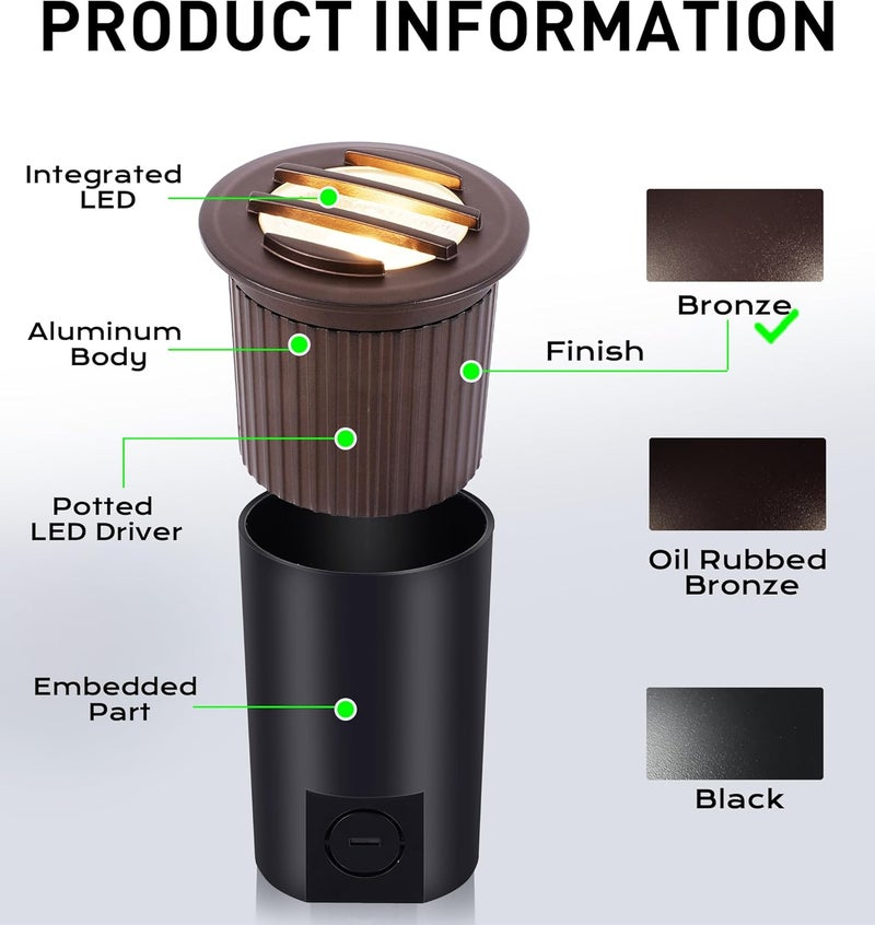 CLOUDY BAY [6 Pack] 9W Low Voltage Landscape Lights,LED Well Lights,Grated Top,12V-24V Waterproof Outdoor,2700K/3000K/3500K/4000K/5000K In Ground Lights for Fence Pathway Deck,Bronze - Image 2